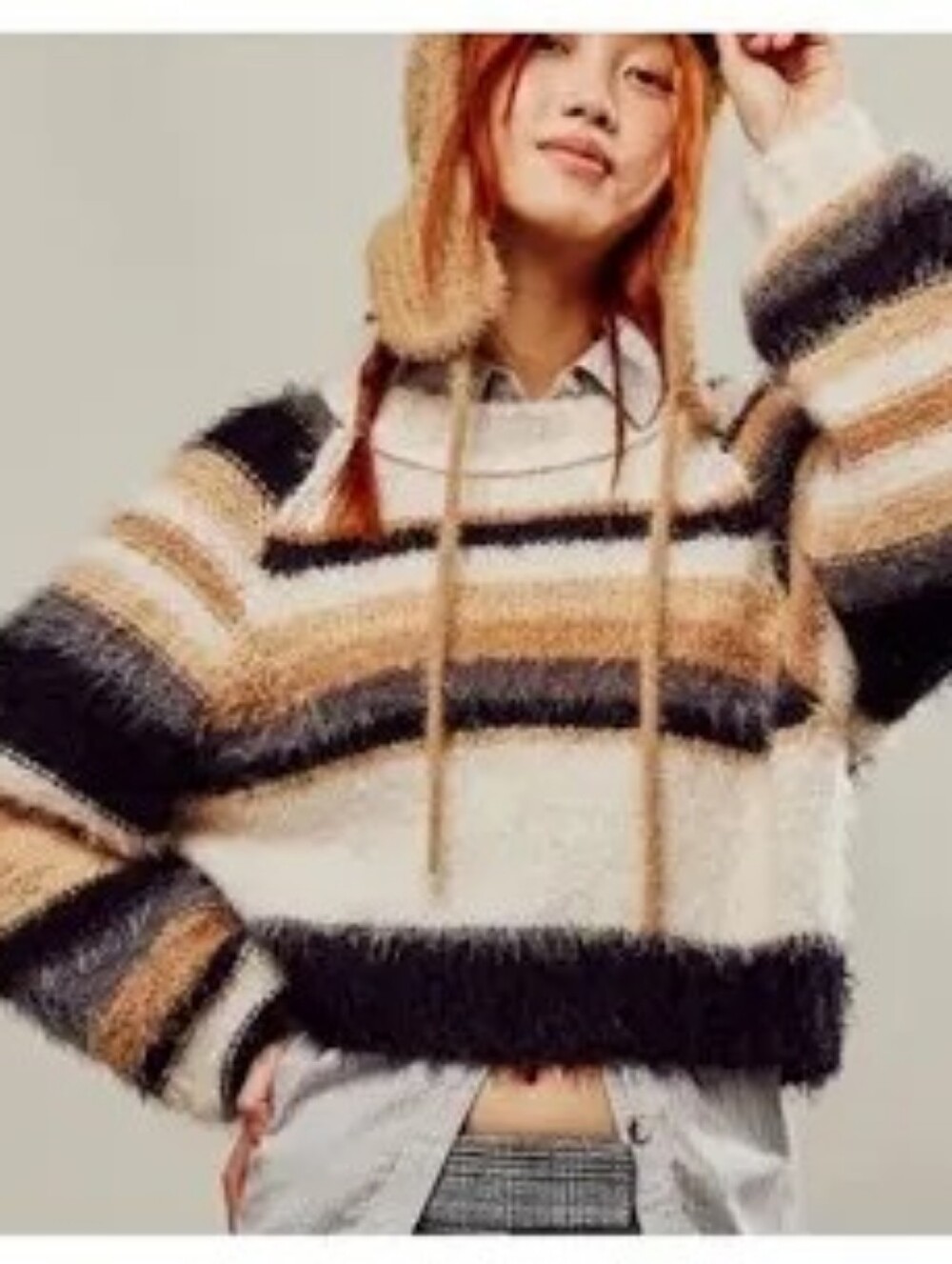 Free People Snowbird Cropped Ivory Black Caramel Striped Sweater Small Cozy